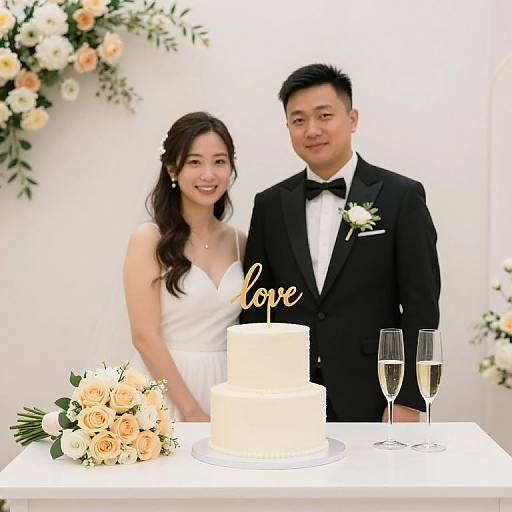 Photograph of an Asian couple in wedding attire, standing beside a white cake with 