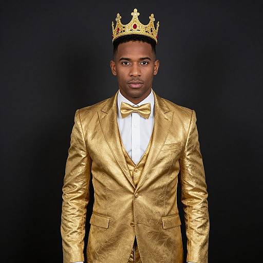 Photograph of a Black man in a gold satin suit, white shirt, bow tie, and golden crown, standing against a black background. Regal