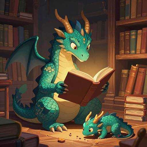 A turquoise dragon with yellow underbelly reads a book to a small, matching dragon in a dimly lit, book-filled library. Digital illustration.