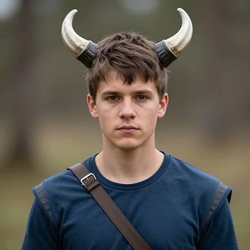 Photograph of a young man with short brown hair and pale skin, wearing black horned headgear, a blue shirt, and a brown strap,