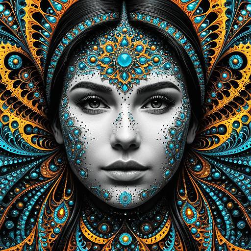Digital art of a black-and-white woman with detailed blue and orange peacock-inspired facial jewelry and intricate patterns surrounding her face.