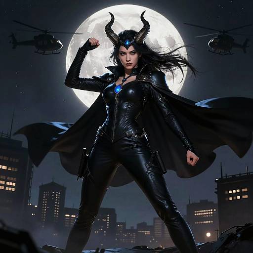 Digital artwork of a fierce, black-clad demon-woman with horns, glowing blue gem, and cape, standing before a full moon, with helicopters
