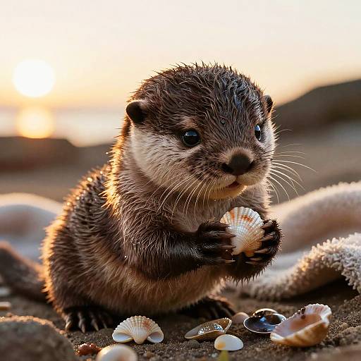 Photograph of a cute, small, wet otter with dark brown fur, holding a seashell, surrounded by scattered shells on a sandy beach