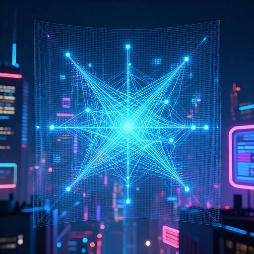 Digital artwork of a glowing blue neon starburst against a dark, neon-lit cityscape with colorful skyscrapers in the background.