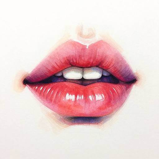Close-up digital drawing of full, glossy red lips with visible white teeth, set against a white background. Realistic texture and shading.