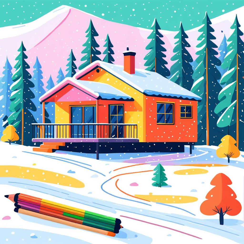 Whimsical Cabin in Colorful Snow