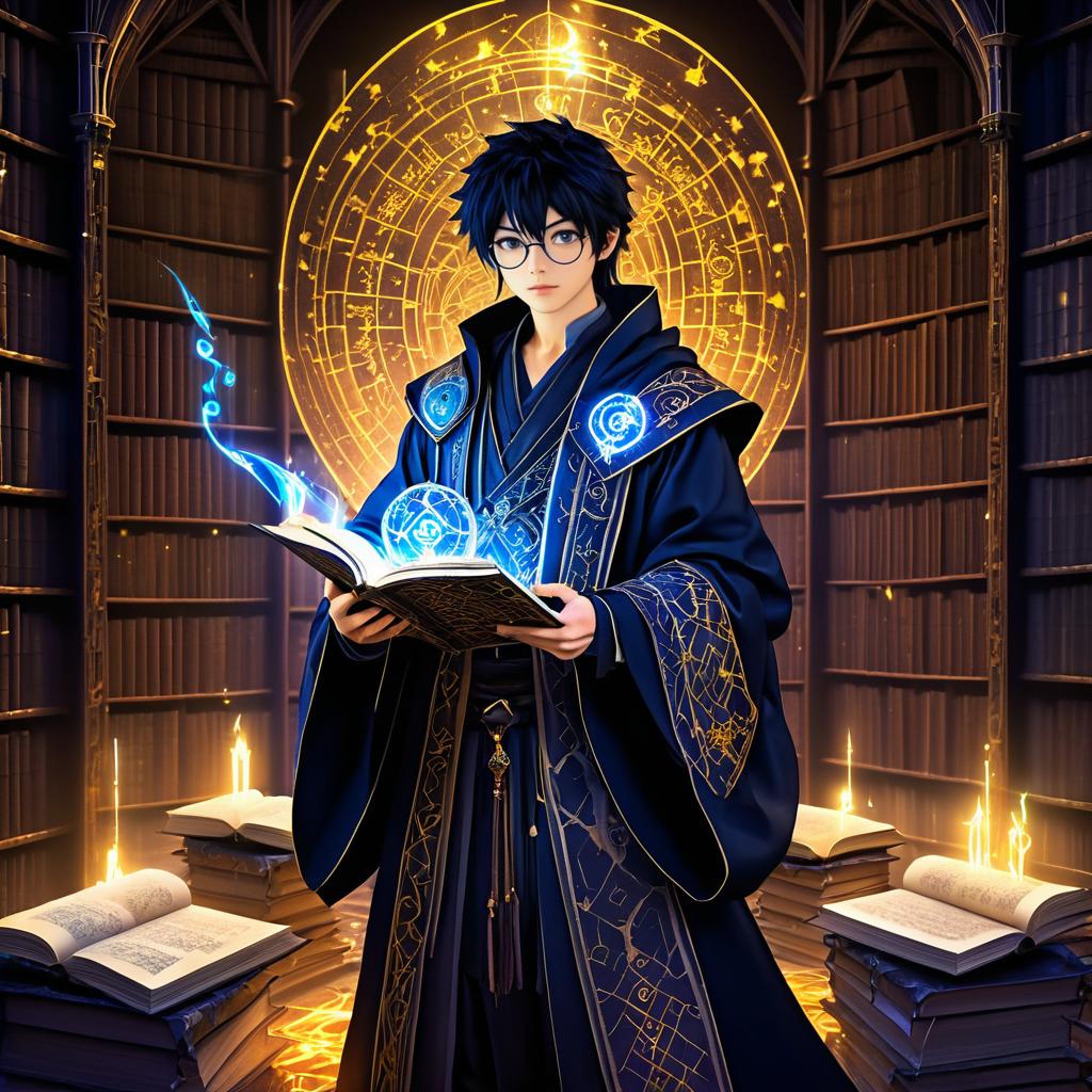 Mystical Young Mage in Ancient Library