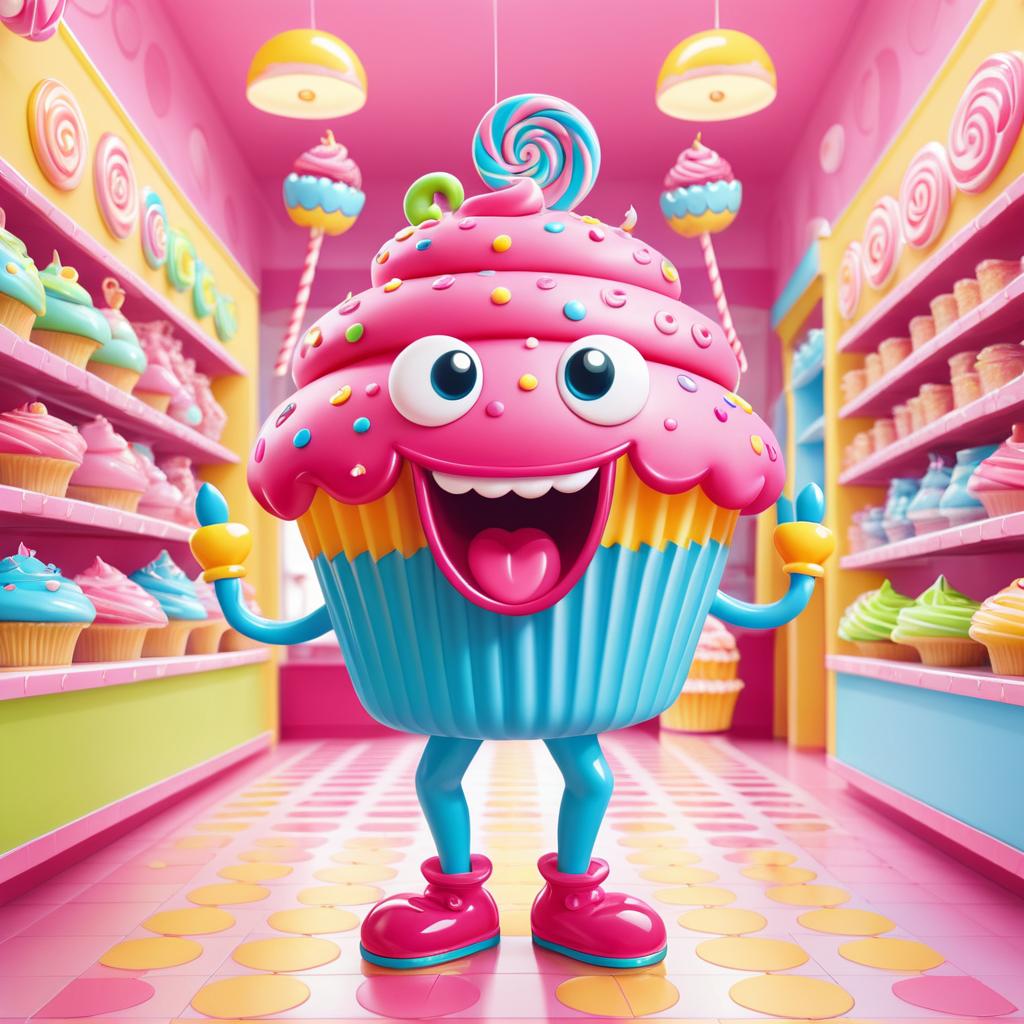 Whimsical Cupcake Character in Candy Shop