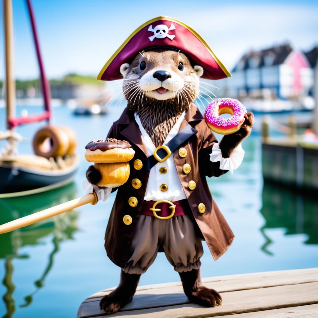 Playful Pirate Otter Enjoying Doughnut