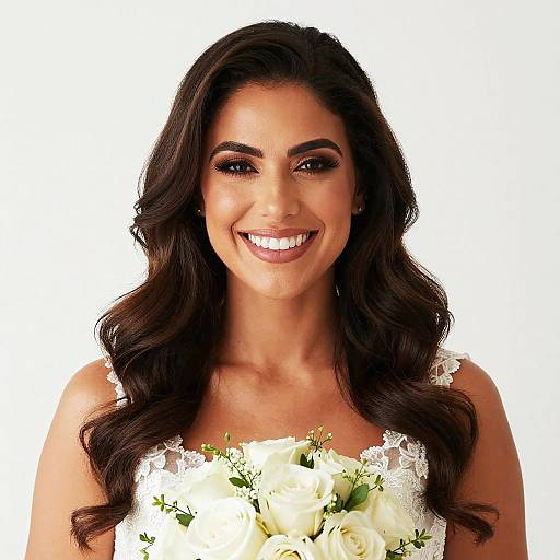 Photograph of a smiling woman with long, wavy dark hair, wearing a white lace wedding dress, holding a bouquet of white roses.