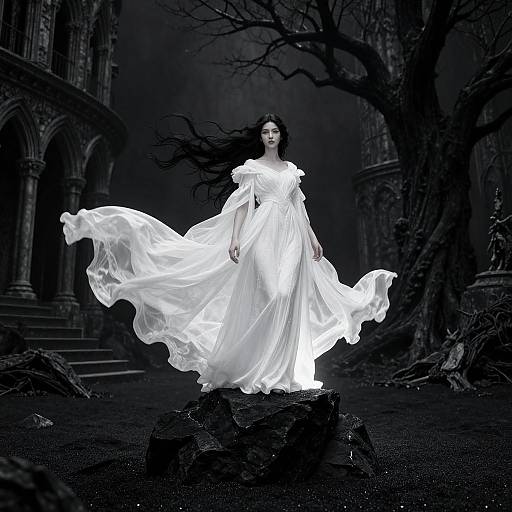 Photograph of a dark, gothic-style scene featuring a pale, black-haired woman in a flowing white dress standing on a rock, surrounded by eerie