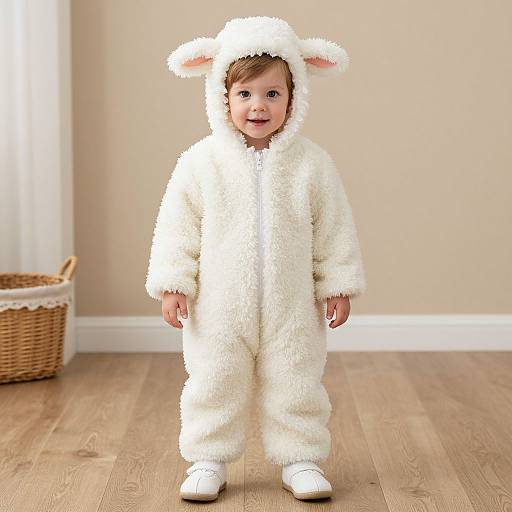 Photograph of a cute toddler in a fluffy white bunny costume with ears, standing on wooden floor in a beige room.