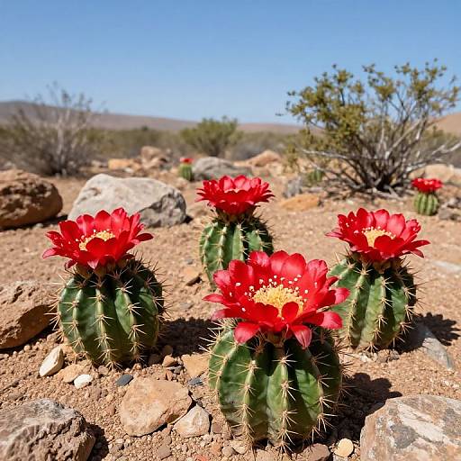 Photograph of vibrant red desert flowers blooming on three green, spiky cacti in a rocky, sunlit arid landscape with clear blue