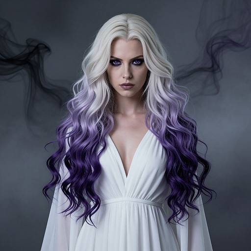 Photograph of a pale-skinned woman with long, wavy, white-to-purple hair, wearing a white, deep V-neck dress, against a