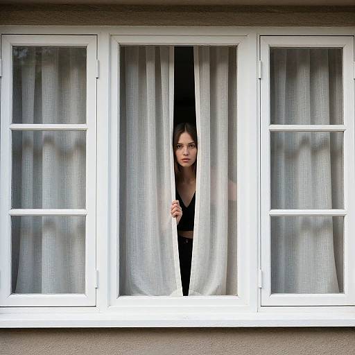 Photograph of a woman with pale skin and dark hair, peering through white-framed windows with sheer curtains, looking serious, standing against a beige