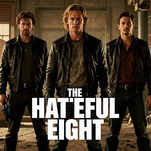 Photograph of three rugged, bearded men in black leather jackets standing in a dimly lit, industrial setting, with 