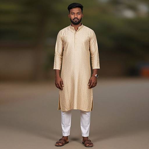 Photograph of a Black man with short black hair and beard, wearing a gold traditional kurta, white pants, and brown sandals, standing on a