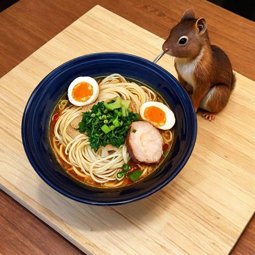 Squirrel Enjoying Ramen on Cutting Board Squirrel Enjoying Ramen on Cutting Board