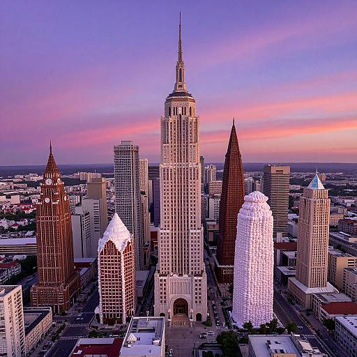 Photograph of a city skyline at dusk featuring the illuminated, snow-covered skyscrapers of Chicago, with the Willis Tower prominently centered.
