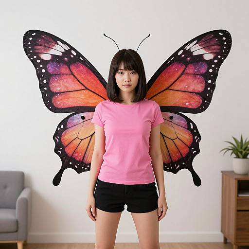 Photograph of an Asian woman with short black hair, wearing a pink shirt and black shorts, with large, colorful butterfly wings.