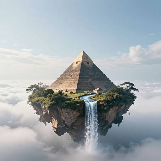 Digital artwork of a floating, pyramid-shaped island with a waterfall cascading down its cliffside, surrounded by clouds and blue sky.