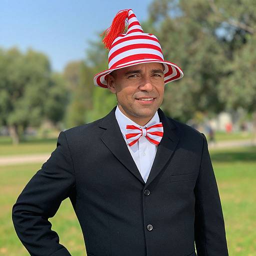 Confident Man in Striped Hat and Bow Tie