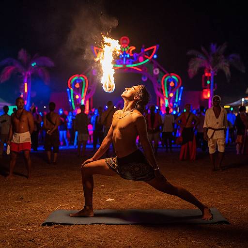 Shirtless man in yoga pose on blue mat, holding flaming stick, surrounded by colorful neon lights, crowd at night festival.