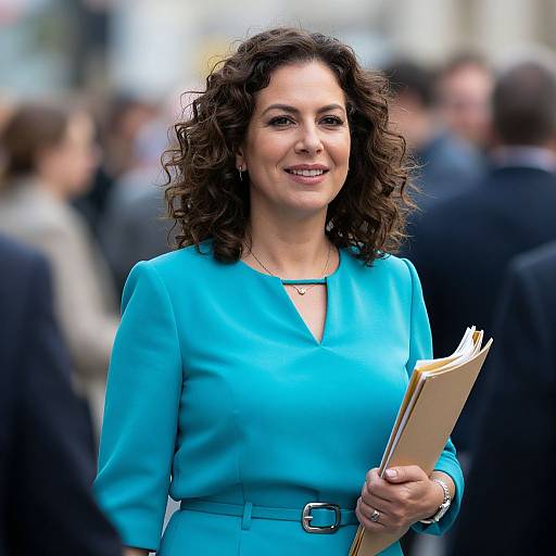Smiling Businesswoman in Crowded Street