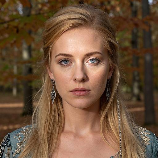 Photograph of a blonde woman with blue eyes, wearing ornate earrings and a blue embroidered top, standing in a forest with autumn leaves in the background