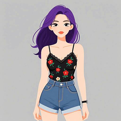 Digital illustration of a fair-skinned woman with purple hair wearing a black lace-trimmed camisole with red cherry embroidery and high-waisted