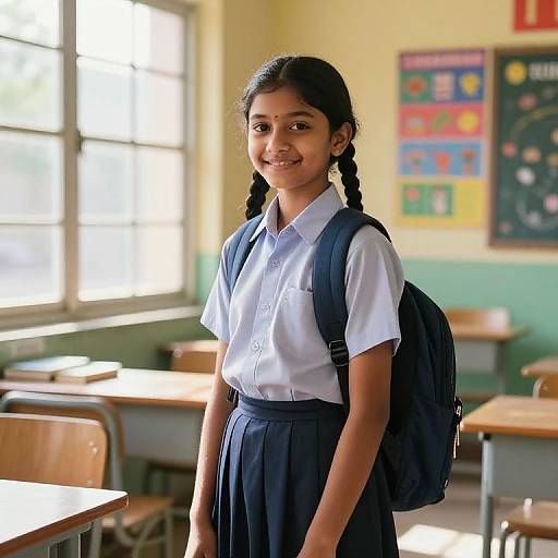 Photograph of a smiling young girl with long black hair in braids, wearing a white shirt and navy skirt, carrying a backpack, in a brightly