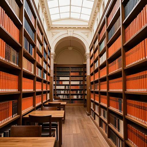 Photograph of a grand, sunlit library with tall, wooden bookshelves filled with red-bound books, arched ceiling, and wooden tables and