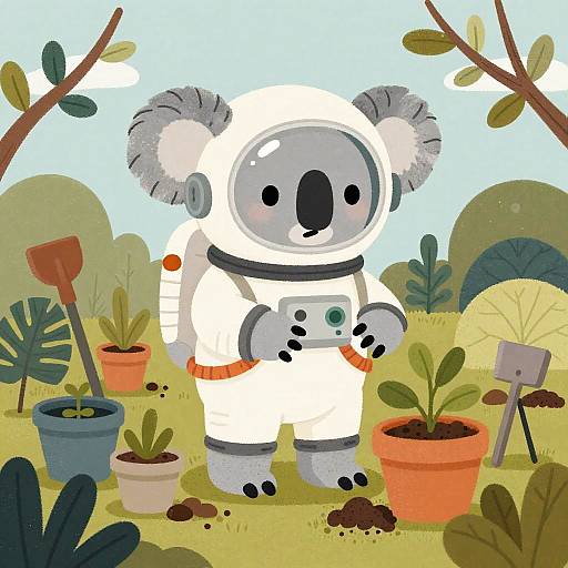 Cartoon koala astronaut in white spacesuit, holding a green device, stands in a vibrant, potted-plant-filled garden with shovel and rake