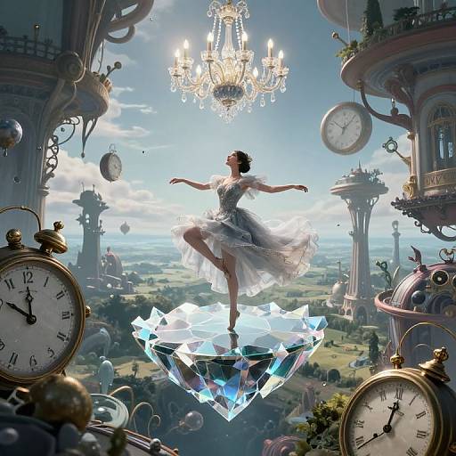 Photorealistic digital art: Ballerina in flowing white dress dances on a glowing crystal orb, surrounded by antique clocks, chandeliers, and