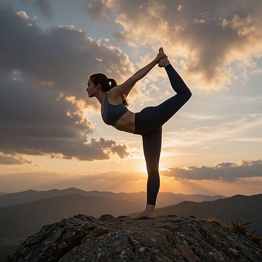 Photograph of a woman in a black sports bra and leggings, performing a tree pose on a rocky mountain peak at sunset, with dramatic clouds and golden