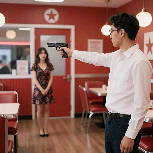 Red Diner Standoff: Man Aiming Gun