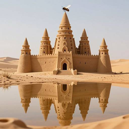 Photorealistic CGI of a desert castle with five conical towers, reflected in a still pool, topped by a hovering bee.