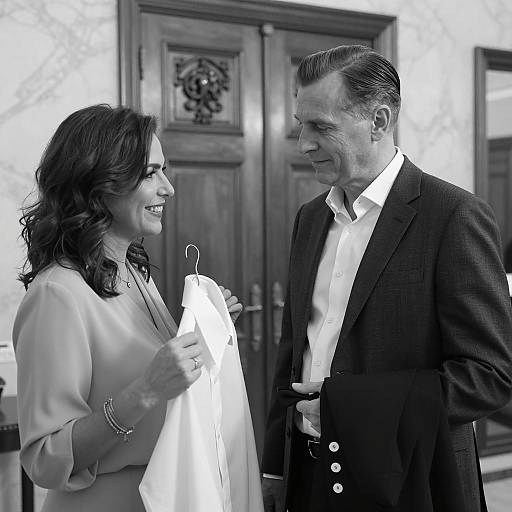 Black and White Portrait of Couple Discussing Dress Shirt