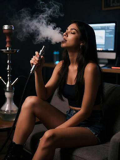 Moody Night Portrait Woman Smoking Shisha
