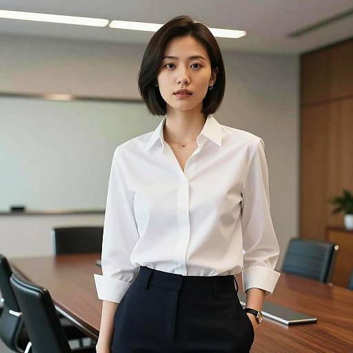 Photograph of an Asian woman with short black hair, wearing a white button-up shirt and black high-waisted pants, standing in a modern office