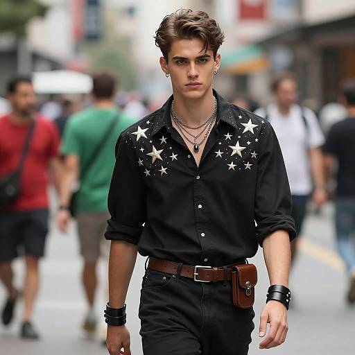 Young Man in Star-Embroidered Black Shirt on Urban Street