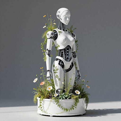 Photograph of a white, humanoid robot with black joints, standing in a white planter filled with colorful flowers and greenery.