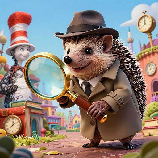 CGI cartoon of a detective hedgehog in a fedora and trench coat, holding a magnifying glass, with The Cat in the Hat in the