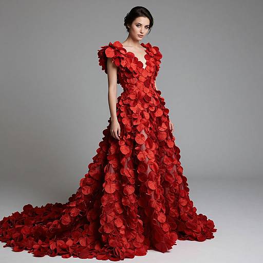 Photograph of a dark-haired woman in a red, flower-embellished, V-neck gown with puffed shoulders and a long, trailing train