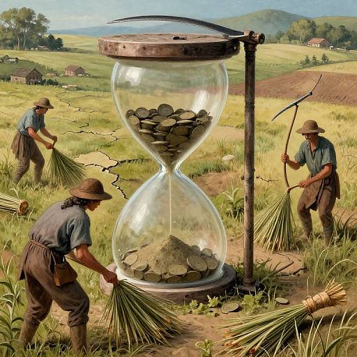 Digital painting of two farmers in hats and denim, using scythes to feed wheat into a large hourglass, set in a lush, rural landscape