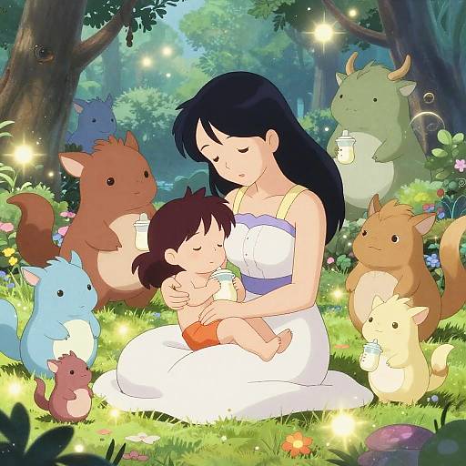 Anime-style illustration of a black-haired woman in a white dress nursing a dark-haired baby surrounded by colorful, glowing forest creatures in a magical, fairy-l