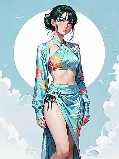 Anime Girl in Tropical Beachwear at Sunset