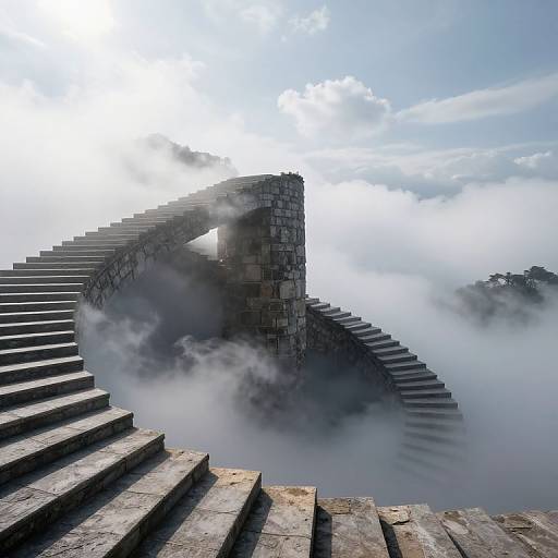 Photograph of a misty, ancient stone staircase curving upwards, partially shrouded in fog, with a bright, cloudy sky overhead.