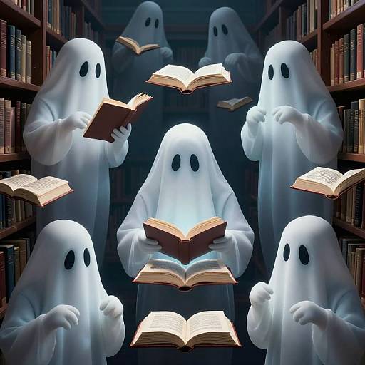 Photograph of six white, ghostly figures with black eyes reading glowing books in a dimly lit, book-filled library.