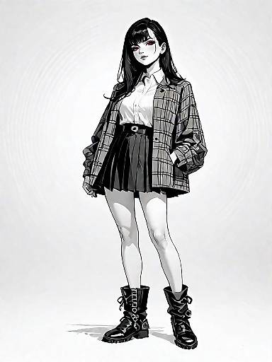 Stylish Woman in Plaid Jacket and Pleated Skirt